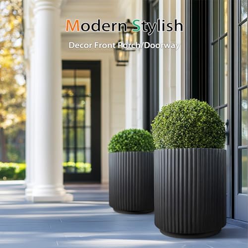 Heyzier Round Concrete Planter Outdoor Indoor, Large Cement Plant Pots for Flowers (Vertical Black, 12 inch) - Image 5