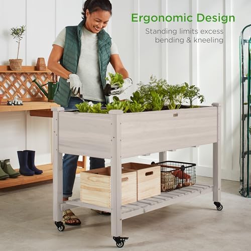 Best Choice Products Raised Garden Bed 48x24x32-inch Mobile Elevated Wood Planter w/Lockable Wheels, Storage Shelf, Protective Liner - White - Image 2