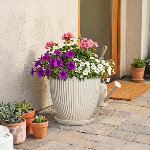 Ceramic Plant Pots, 10 Inch Pots for Plants with Saucer, Cream White - Image 7
