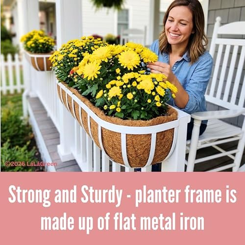LaLaGreen Deck Railing Planter Boxes (2 Pack, 30") White Metal Rectangular Window Flower Box with Coco Liner, Large Wall Hanging Planter for Outdoor Plants Balcony Fence Deck Rail Porch Patio Garden - Image 5