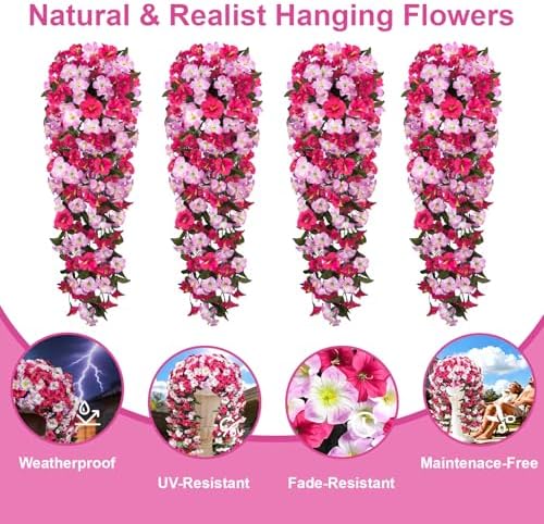 Artificial Hanging Flowers for Outdoors, 4 PCS 544 Blooms UV Resistant Morning Glory Faux Silk Vines, No-Odor Realistic Fake Plants for Garden Planter Porch Patio Decoration, Fuchsia Pink - Image 5