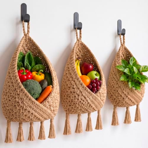 Honeydak 3 Hanging Baskets, Light Linen, Triangular Tassel, Jute by Honeydak