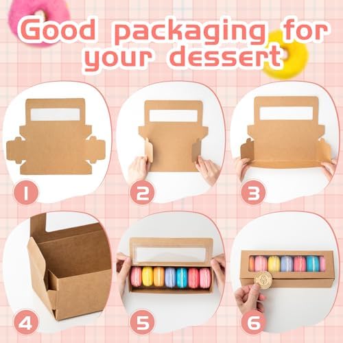 Sherr 100 Pcs Brown Macaron Boxes with Window, 7.7x2.6x2 Inch Long Clear Bakery Boxes with Stickers for Pastries, Cookie & Dessert Gifts Packaging for Chocolate Covered Strawberry, Truffle, Donuts - Image 3