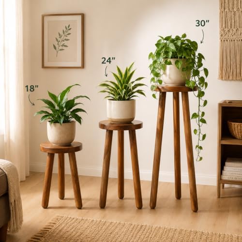 Teak Wood Plant Stand, 18" Round Side Table, Wood Accent Table - Image 6