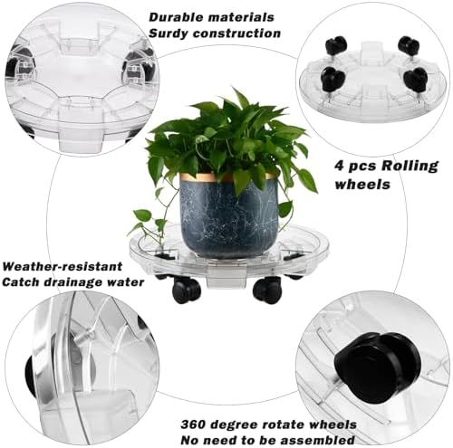 4 Packs 16 Inches Extra-large Clear Plant Caddy Plant Saucers on Wheels Rolling Plant Stands Heavy-duty Plant Dolly Plastic Planter Roller Base Pot Movers Outdoor Plant Tray Coaster - Image 2