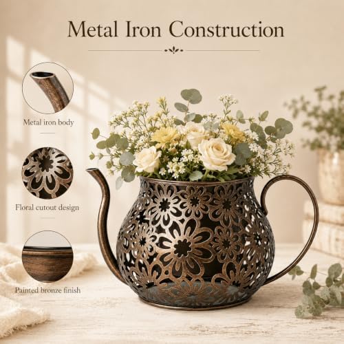 Antique Metal Teacup Planter for Outdoor Plants Teapot Planter Floral Hollow Out Decorative Rustic Iron Flower Pot for Summer Garden Patio Home Decor (Bronze) - Image 6