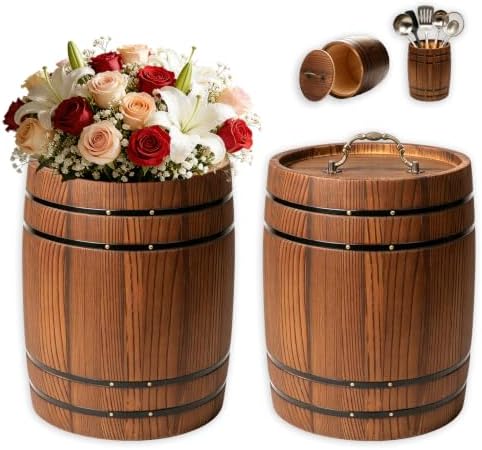 2-Pack 7.9 in Wooden Whiskey Barrel Vases with Brass Hoops ，Vintage Rustic Burnt Wood Cooking Tool Utensil Holder ，Rustic Flower Vase for Home Decor, Western Farmhouse Vintage Kitchen (Brown 2) by Unknown