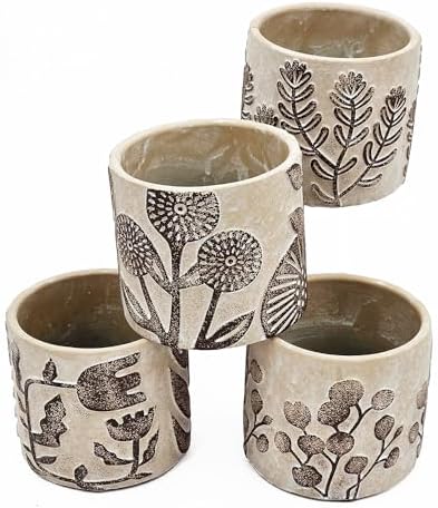 Set of 4 Botanical Cement Planters, 4.3 Inch, Gray and Brown - Image 4