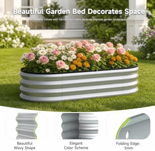 4x2x1 FT Oval Metal Raised Garden Bed, Open Bottom Design Elevated Garden Planter Box Outdoor, Trough Planter for Outdoor Plants, Flower, Vegetables, Fruit, Herbs (Silver, 1PC) - Image 5