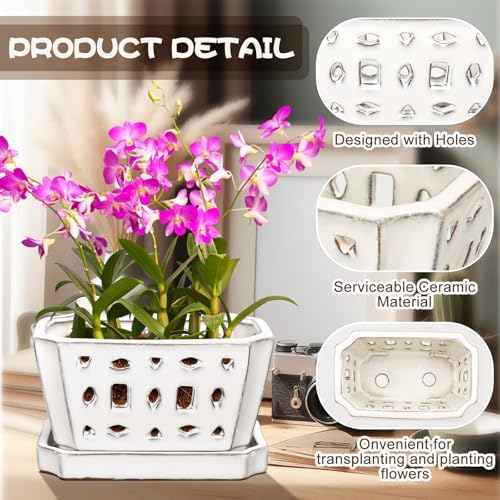 Teenyyou 7 Inch Ceramic Orchid Pot with Holes and Saucer Repotting,White - Image 3