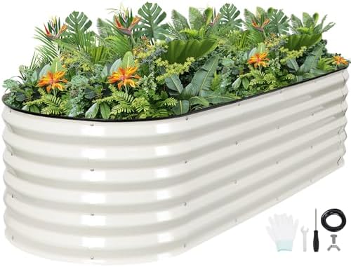 G GOOD GAIN Raised Garden Beds - 6x2x1.4ft Galvanized Planter Boxes Kit with Protective Tape & Gloves & Tools | Oval Metal Outdoor Raised Bed for Gardening Vegetables, Fruits, Flowers, Herbs, White by GGOODGAIN