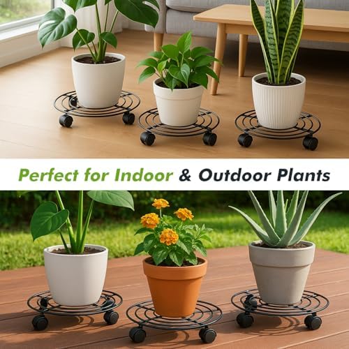 5 Packs Large Metal Plant Caddy with Wheels 13" Heavy-duty Iron Rolling Plant Stands with Casters Plant Dolly Plant Roller Base for Indoor and Outdoor Plant Pot Movers Saucers Black - Image 6