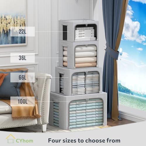 CYhom 3Pack Foldable Storage Bins - Frame Storage Box Linen Fabric Stackable Clothes Container Organizer with Clear Window & Carry Handles Large Capacity (Small-22L, Light Grey) - Image 3