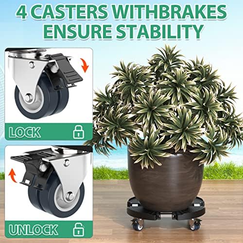VANCASTLE Plant Caddy with Lockable Wheels 15-22'' Adjustable Plant Stand - Image 3
