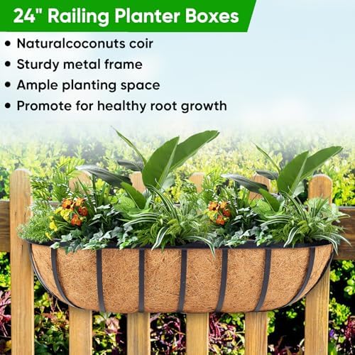 HKZ Deck Balcony Railing Planter Window Boxes - 4 Pack 24 Inch Planter Box, Balcony Planters Railing Hanging, Window Boxes Outdoor Fence Planters - Image 2