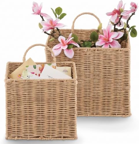 84ECO Set of 2 Woven Paper Rope Hanging Baskets for Organizing, Front Door, Mail, Flowers by 84ECO