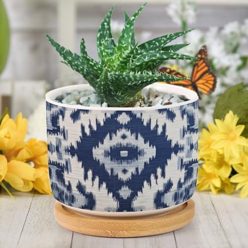 Blue Grey Ikat Planters Ceramic Solid Navy White Round Flower Pot with Drainage Holes and Bamboo Tray Pot for Indoor Outdoor Garden - Image 6