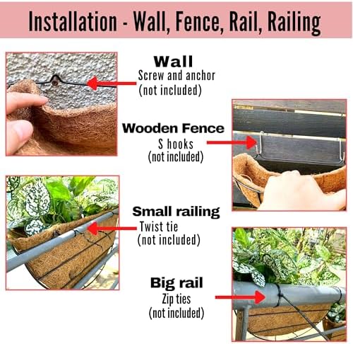 LaLaGreen Hanging Wall Planters (12 in, 4 Pack) Black Metal Flower Baskets - Image 3