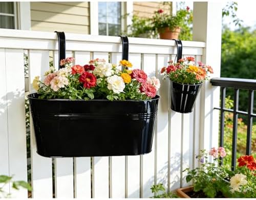 4 Pack Mixed Size Metal Fence Planters Set with Detachable Hooks, Black - Image 2