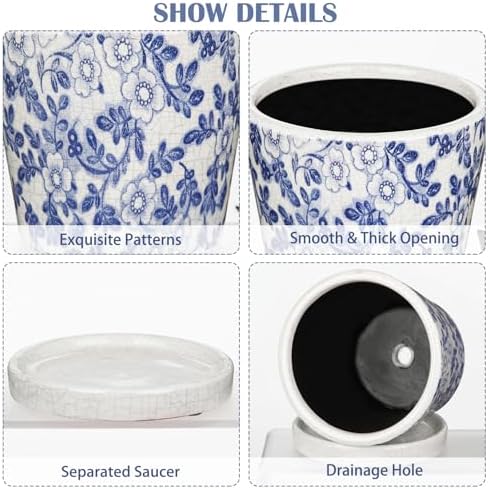 Ceramic Pot for Plants 5.5 inch Blue and White Pot for Plants Small Chinoiserie Planter Pots with Drainage Hole and Saucers Outdoor Inoor Blue Flower Pots for Succulent, Cactus, Snake Plant, Herb - Image 3
