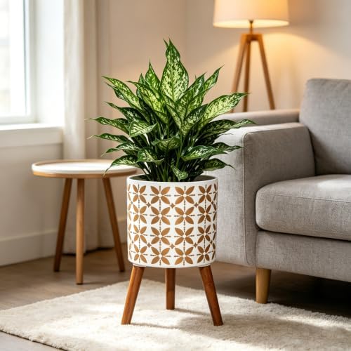 nacltlo12 Inch Planter with Stand, Plant Stand Indoor, Plant pots, Modern Mid-Century,Large Flower Planter Pot with Drainage Holes for Outdoor,White and xGold - Image 5