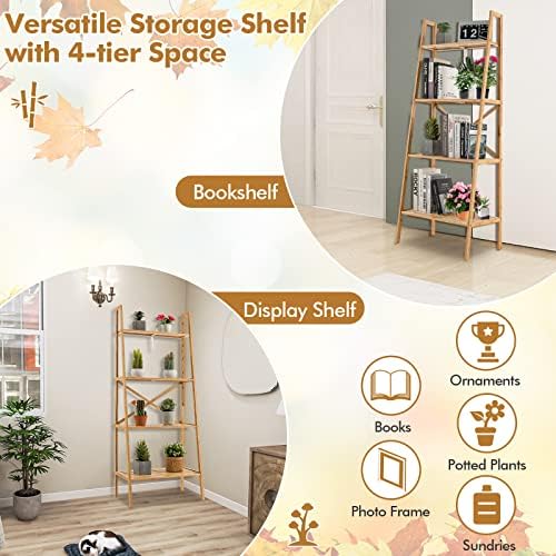 Tangkula 4-Tier Bamboo Ladder Bookshelf, Rustic Bookcase, Floor Standing Shelving Unit, Book Shelf Storage Organizer, Display Rack for Living Room, Kitchen, Bedroom, Office (2, Natural) - Image 7