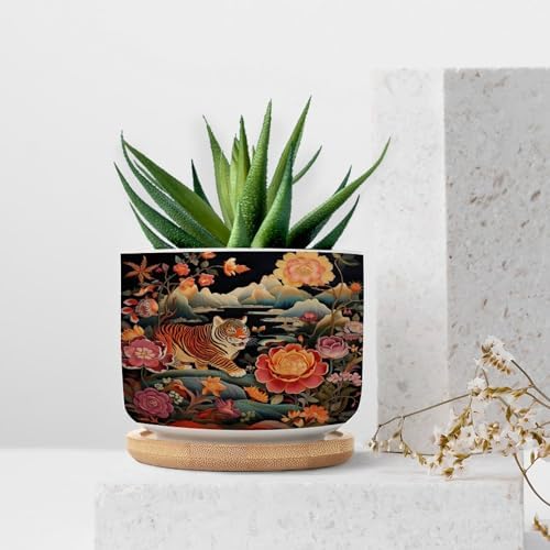 Animal Tiger Stripe Chinoiserie Planters Ceramic Orange and Coral Peony Flower Round Flower Pot with Drainage Holes and Bamboo Tray Pot for Home Office Desk Garden - Image 7