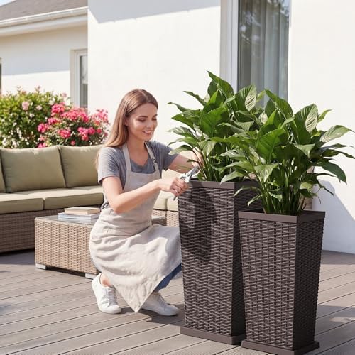 JUMMICO 30" Front Porch Resin Rattan Tall Planters 2 Pack, Inner Tray - Image 2