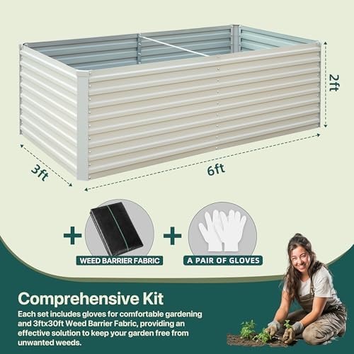 Raised Garden Bed 6x3x2ft, Galvanized Raised Garden Beds Outdoor for Vegetables Flowers Herbs, Steel Large Deep Planter Box, Tall Raised Garden Bed with 3ftx30ft Weed Barrier Fabric and Glove, Beige - Image 6