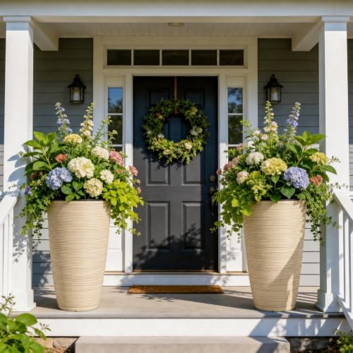 24" Large Outdoor Planters for Plants, Cream Beige Tall Flower Pots - Image 2