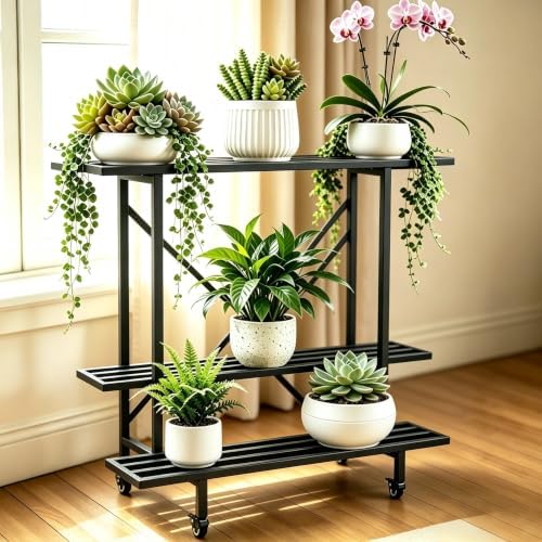 Zhongma 3 Tier Metal Heary Duty Plant Stand with Wheels, 35.43 L x 17.5 W x 38.6H . Space saving Plant Stand by Zhongma