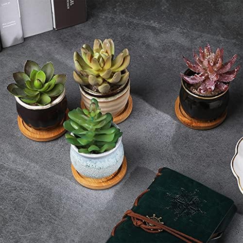 Remerry 12 Pcs Ceramic Succulent Pots 2.5 Inch with Drainage Bamboo Tray - Image 6