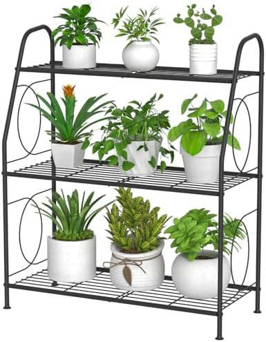 VyGrow Plant Stand, 3 Tier Plant Shelf for Indoor Outdoor, Heavy Duty Metal Outdoor Plant Stand Holder Rack for Living Room Balcony and Garden, Iron Wire, Black by VyGrow