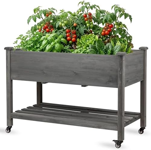 Raised Garden Bed with Lockable Wheels, 48x24x32 inch Elevated Wood Planter with Storage Shelf Protective Liner for Vegetable Flower Herb Outdoor Balcony Patio Backyard, Grey by NatureCrafted