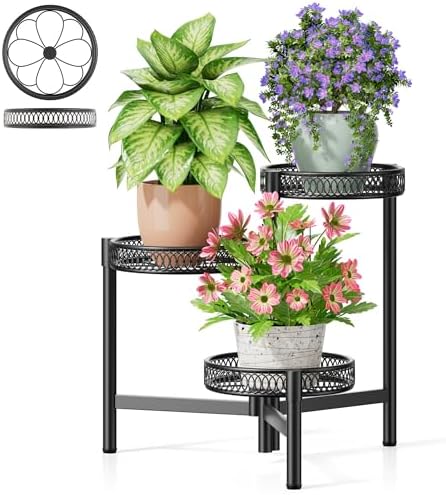 3 Tier Metal Plant Stand Indoor Outdoor, Corner Tall Plant Shelf for Multiple Plants, Foldable Heavy Duty Plant Holder, Decoration Flower Pot Stand for Patio Living Room Balcony Garden - BlackFlower by Unknown