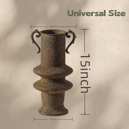 Vintage Distressed Rust Iron Planter, 15 Inch Tall Decorative Flower Pot with Ornate Scroll Handles, Unique Stacked Antique Vase for Indoor Outdoor Farmhouse Patio Entryway Mantel Decor(A3256) - Image 2
