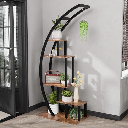 GarveeLife Plant Stand Indoor 2 Pack, 5 Tier Half Moon Plant Shelf, Tall Metal Large Plant Stands, Stylish Tiered Flower Storage Rack for Multiple Plants Hanging Display, Space-Saving (Brown+Black) - Image 5