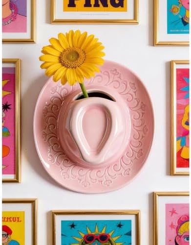 Ceramic Cowboy Hat Wall Vase - Handmade Hanging Flower Planter, Western Boho Room Decor & Coastal Cowgirl Aesthetic Wall Art for Home Decorations (Pink) by ASTARIKO