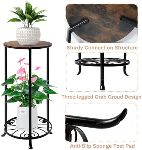 Plant Stand Indoor, 2 Tier Wood Round Potted Holder Rack, 27 " Tall Flower Pot Stand Shelf, Round Supports Plant Stand for Large Plants, Corner Plant Shelf for Balcony Garden Patio Living Room, Brown - Image 4