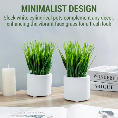 MyGift Artificial Grass Plants in Modern Cylindrical White Cement Pots, Decorative Faux Greenery Plant in Tabletop Planter, Set of 2 - Image 2