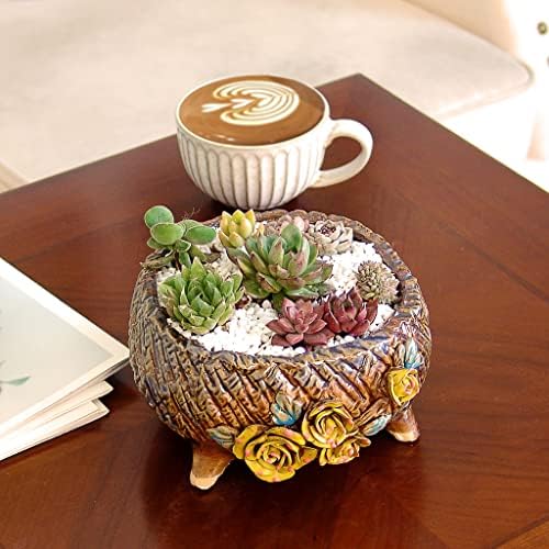 6.3 Inch Succulent Pot Handmade Flower Design Round Ceramic Antique Plant Pot Cactus Pot Planter with Drainge and Mesh Pad (Yellow) - Image 6