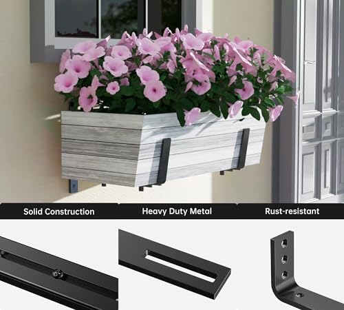 Y&M 2 Pack Adjustable Planter Box Brackets (6 to 12.5 in), Universal Window Box Brackets, Heavy Duty Iron Flower Box Wall Mounting Hooks for Balcony, Fences, Patio, and Garden - Black - Image 6