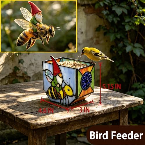 Stained Glass Gnome on Bee Planter,Cute Plant Pot with Drainage for Indoor Plants, Unique Gnome Gifts for Women, Garden Bee Decor for Succulents - Image 3