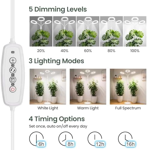 LBW 3-Head Grow Light with Stand for Indoor Plants, Full Spectrum Grow Light for Tall Large Plants, Adjustable Height up to 68", Auto Cycle Timer 6/8/12/16H, 5-Level Dimming, 3 Lighting Modes,White - Image 3