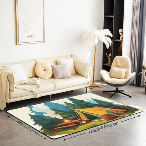 Erosebridal Tent Area Rug 6'6" x 4'11" Camping Living Room Rugs Cartoon Camp Theme Bonfire Rustic Decorative Carpet Woods Camping Bag Trees Indoor Floor Mat - Image 2