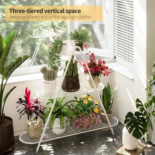 Plant Stand for Patio, 3-Tier Metal Plant Shelf–Indoor/Outdoor Display Rack for Multiple Pots, Heavy Duty Plants, Garden Flower Organizer (White) - Image 4