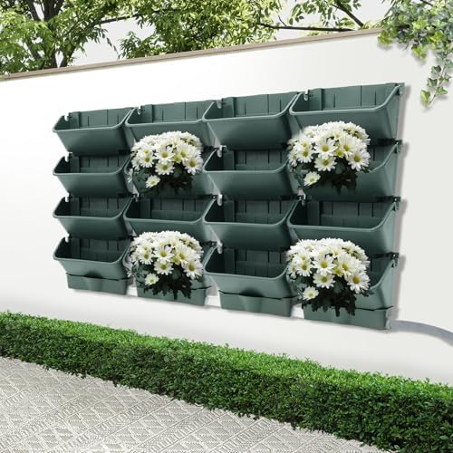 Self Watering Vertical Wall Planter, 16 Pockets 13" Stackable Hanging Planters Indoor Outdoor Living Wall with Hose and Drainage Tray Kit, Green Plastic Pot Herb Plants for Deck Garden - Image 5