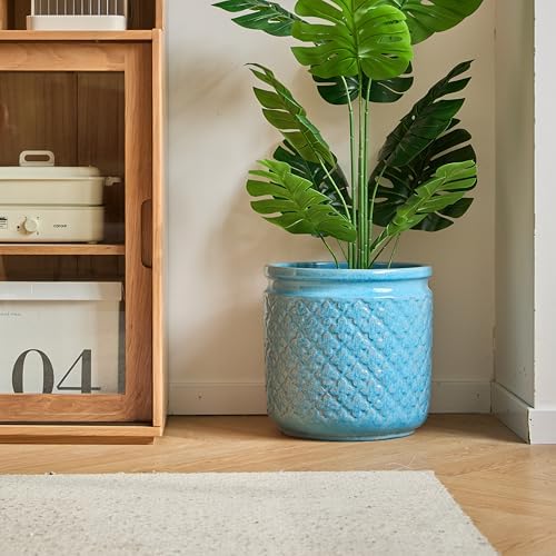 9 Inch Ceramic Planters, Set of 3, Antique Blue Geometric - Image 7