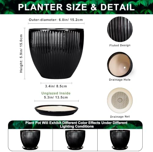 6 Inch Ceramic Planter, Indoor Plant Pots with Saucer, Black - Image 2