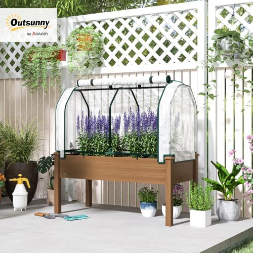 Outsunny Raised Garden Bed with PE Greenhouse Cover 48x22x46 inch Brown - Image 2